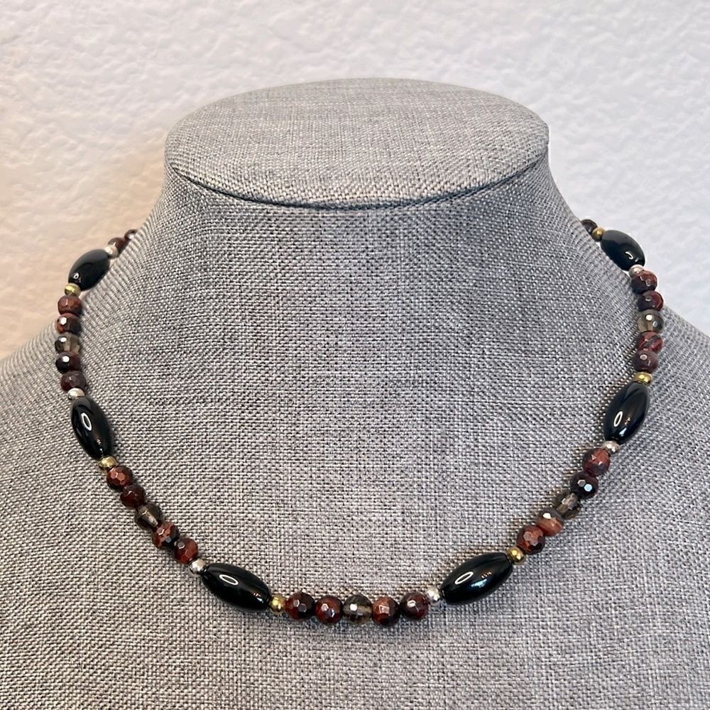Lovely Grace and Heart Raja Tiger Eye-Onyx-Mixed Metals Necklace